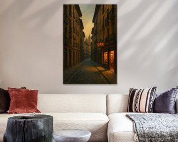 Pamplona at Dusk – Quiet Street and Warm Café Light by Travel Shop