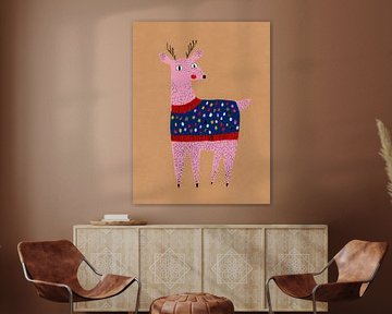 Fröhliches rosa Rentier im blauen Pullover - verspielte moderne Winterkunst