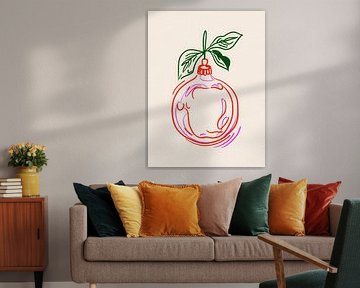 Minimalistische Christbaumkugel mit Blatt - moderne Strichzeichnung in Rot und Grün