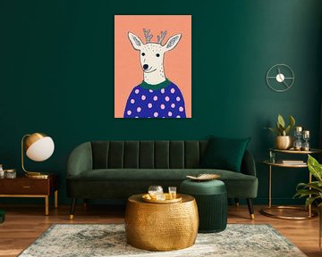 Cheerful deer in blue jumper - playful modern winter illustration by But First Framing