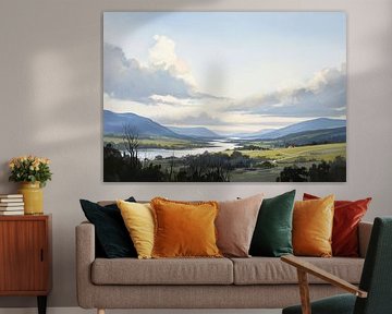 River Valley Landscape with Mountains and Clouds
