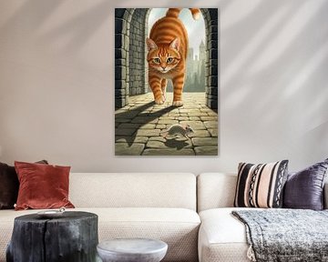 Orange Cat Approaching Mouse in Stone Archway
