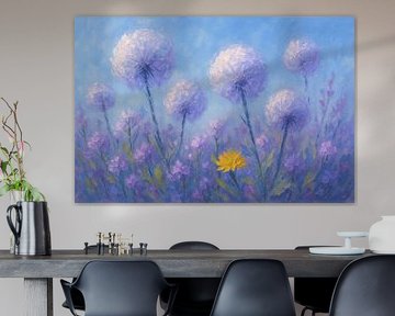 ein Löwenzahn und viele Pusteblumen