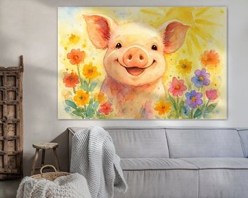 Watercolor Painting of Pig with Flowers