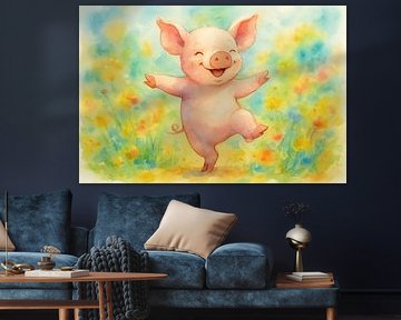 Watercolor Pig Dancing in Floral Field