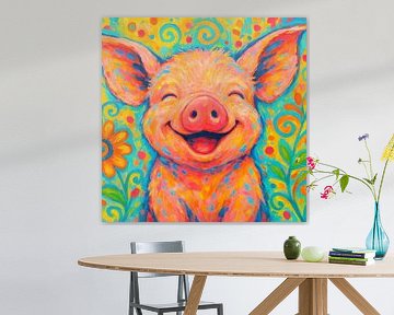 Painting of a Smiling Pig with Floral Background
