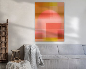 Art géométrique abstrait de style rétro des années 70 en orange brûlé, corail et jaune néon sur Dina Dankers