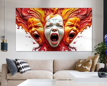 Outcry - Three screams of colour and pain - Fused children's faces between innocence and chaos in a stream of red and orange
