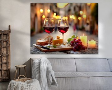 Romantisch stilleven met wijn, kaas en stokbrood van Koffie Zwart