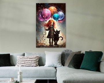 Meisje met ballonnen en kat... van Ans Bastiaanssen