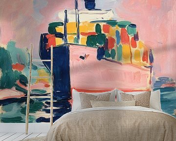 Pink boat on calm waters