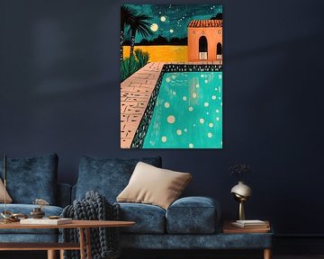 Piscine turquoise devant une maison orange