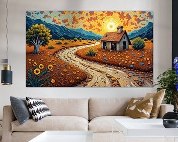 Ländliche Landschaft mit Haus, Straße, Blumen und Sonnenuntergang