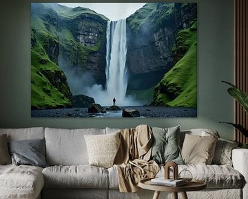 Waterfall and Mossy Cliffs with Person on Rocks by Markus Gann