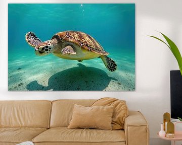 Tortue de mer nageant sous l'eau sur le sable sur Markus Gann