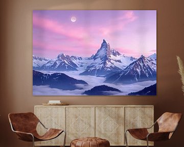 Montagnes enneigées avec brouillard et ciel rose sur Markus Gann