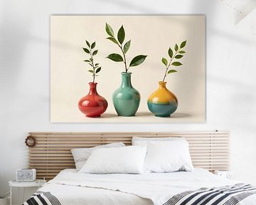 Trois vases avec des branches sur un fond clair sur Markus Gann