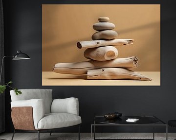 Roches empilées et bois flotté sur fond beige