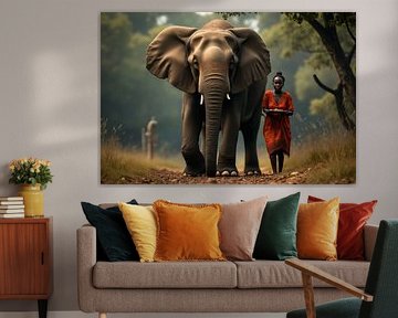 Femme et éléphant sur un chemin de terre sur Markus Gann