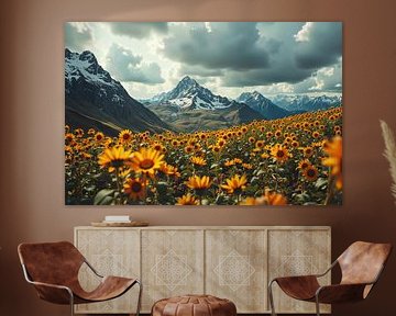 Sunflower Field with Mountains and Cloudy Sky by Markus Gann