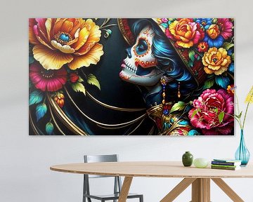 Le Jour des Morts et La Catrina : portrait majestueux d'une femme mexicaine en robe de fête, entourée de fleurs lumineuses et d'ornements dorés - une célébration visuelle de la mémoire du Día de los Muertos