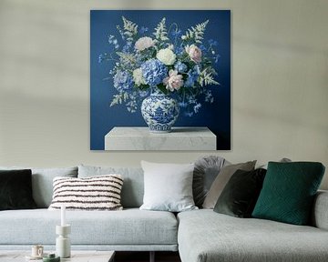 Nature morte moderne et classique : Bouquet de fleurs sur vase bleu de Delft sur Studio Pieternel