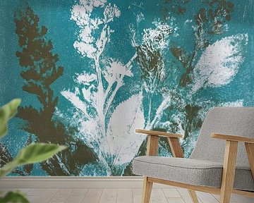 Botanische Blaupause - heitere Kunst von Blättern und Blumen in Cyan