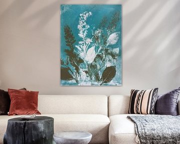 Botanische blauwdruk – serene kunst van bladeren en bloemen in cyaan