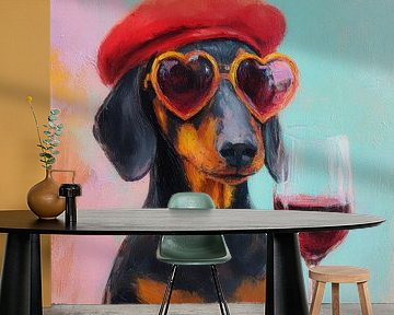 Dackel mit Baskenmütze und Weinglas - humorvolles, modernes Porträt voller Charme