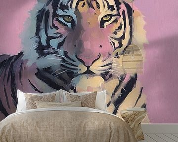 Tiger portrait in front of a pink background by Niklas Maximilian