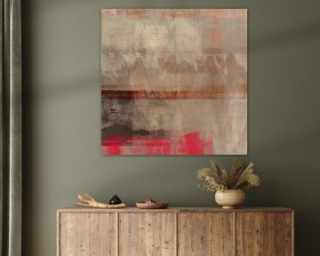 Modern abstract schilderij in terracotta, neonroze, taupe en beige