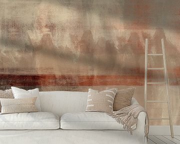 Moderne abstrakte Malerei in Terrakotta, Neonpink, Taupe und Beige