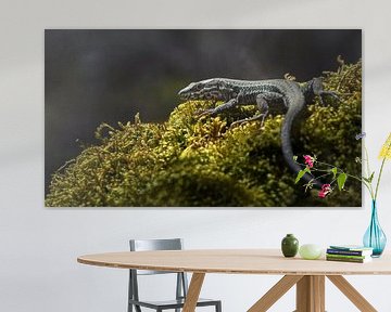 Een gewone hagedis zit op groen mos van Sonja Foerster-Odenthal