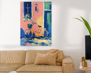 Gele fiets in een kleurrijke stad van Niklas Maximilian