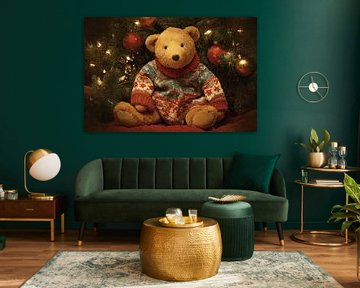 Ours en peluche avec pull-over Noël chaud sous le sapin sur Eva Lee