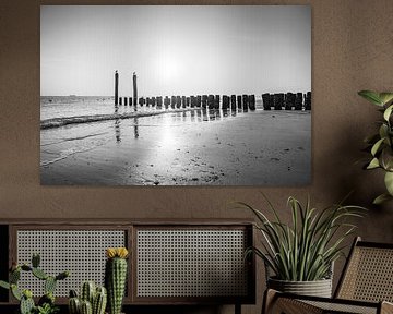 Poteaux de la plage de Flessingue en noir et blanc Reflet de la mer