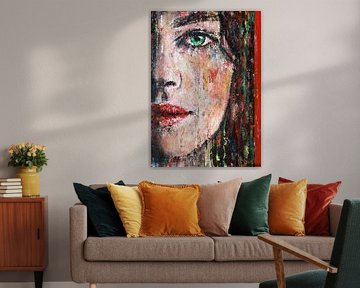 Abstraktes Porträt einer Frau mit grünem Auge und roten Lippen von Anja Namink - Gemälde
