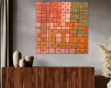 Industrielles abstraktes Raster: Koralle, Rosa, Olivgrün, Ockergelb von STUDIO MINIMAL ART