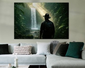 Mann beim Rucksacktourismus im Dschungel mit Blick auf einen Wasserfall von Markus Gann