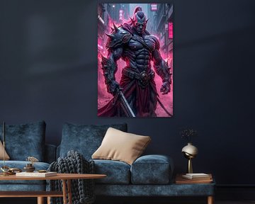 NEON ORC WARRIOR: The orc warrior with his sword in the cyberpunk city