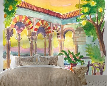 Romantische Andalusische patio bij zonsondergang met zwembad en tafel voor twee