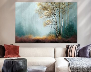 Le bouleau d'automne dans la brume chuchotante | Là où l'or et la brume s'embrassent sur Karina Brouwer