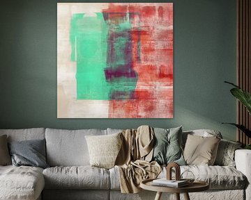 Art abstrait minimaliste moderne en vert, rouge chaud et beige sur Art minimaliste abstrait