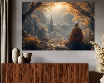 Un moine bouddhiste méditant sous l'arbre ancien, face à la pagode ancienne, pendant le coucher du soleil.