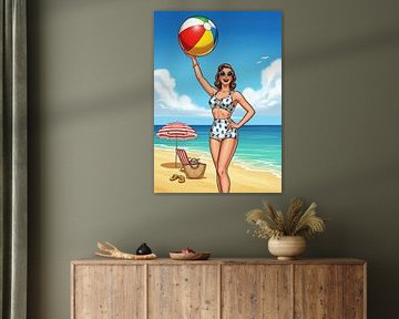 Femme avec ballon de plage sur la plage Illustration sur Markus Gann