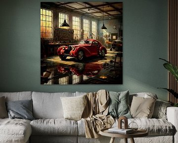 Bugatti 57 C Atlantic en peinture d'atelier vintage sur Jan Keteleer
