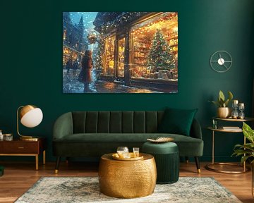 Nostalgisch kerstschilderij winterse kerst etalage winkelstraat van Mel Digital Art