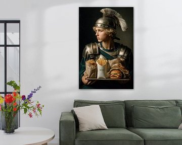 Roman Soldier with Fast Food - Humorous Painting