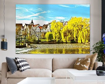 the city of Backnang and the river Murr mixed media by Werner Lehmann