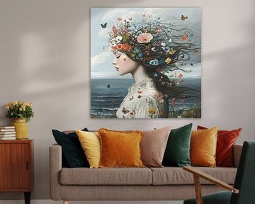 Vrouw Zijprofiel Bloemenzee van Blikvanger Schilderijen